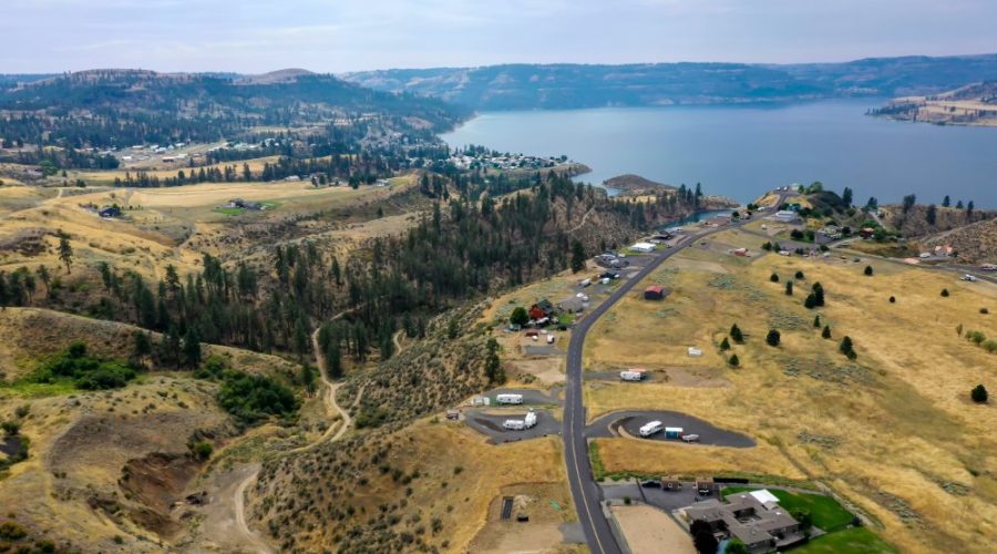 Aerial Photo Showing Columbia River for Vista Views RV Lot with Water